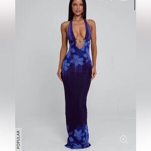 Outcast Wolfe Maxi Dress Baja Blue Print Rhinestone Sparkle Halter Open Back XXS